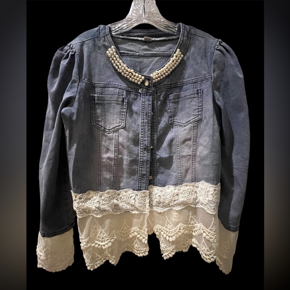 Denim jacket with lace, pearls and rhinestone buttons, size XL